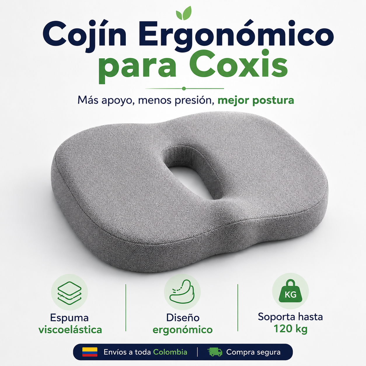 Cojín Ergonómico para Coxis con Espuma Viscoelástica – Alivia la Presión y Mejora tu Postura