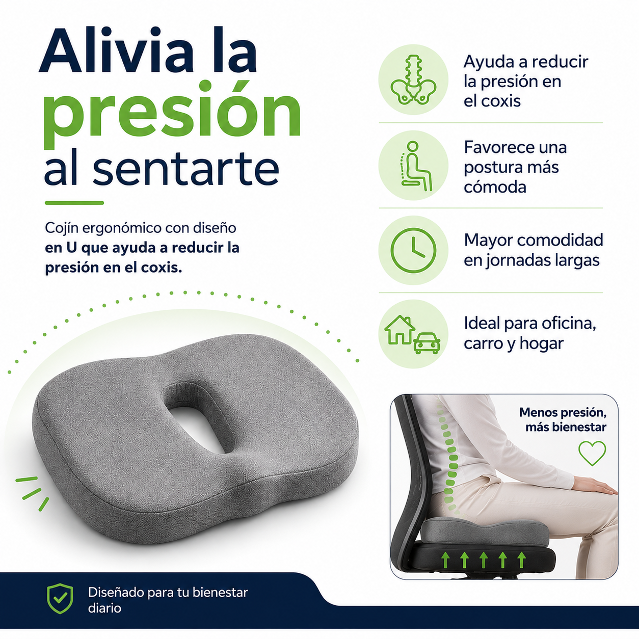 Cojín Ergonómico para Coxis con Espuma Viscoelástica – Alivia la Presión y Mejora tu Postura